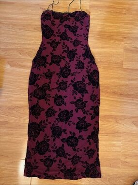Windsor Wine Burgundy and Black Floral Velvet-Print Midi Slip Dress